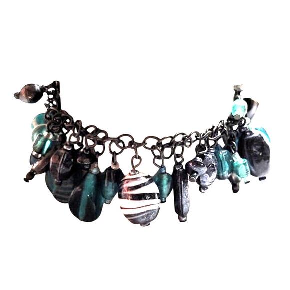 Beaded Bracelet Ankle 7"-9" Dangling Glass Charms Teal Aqua Black Boho Beachy - Picture 4 of 6